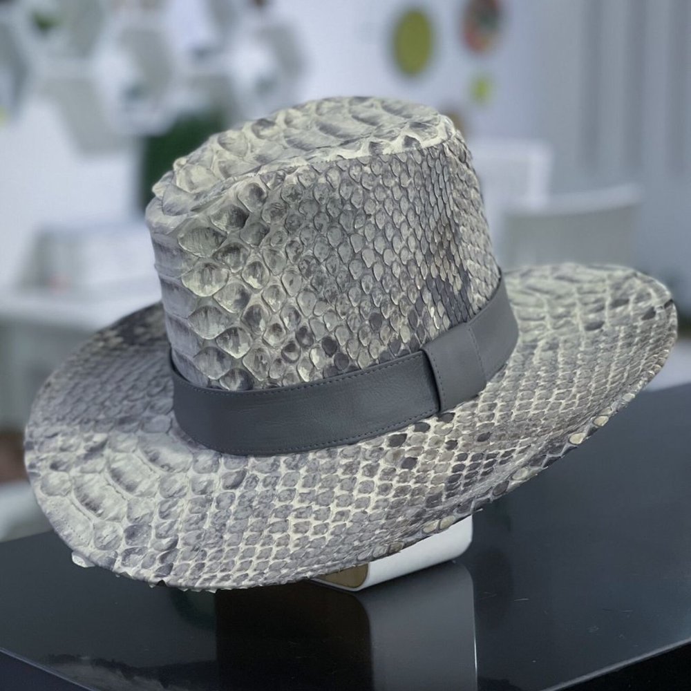 GENUINE KING DRAGON PYTHON LEATHER SNAKESKIN FEDORA WIDE BRIMMED HAT